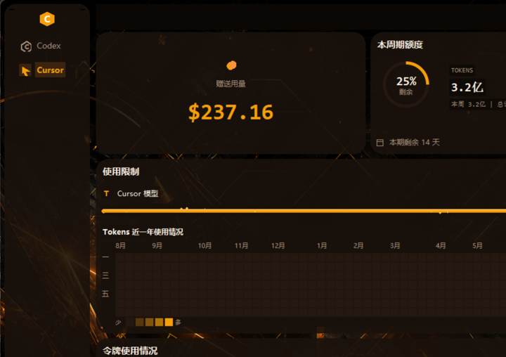 仅包含 CodexBar 当前窗口的年度 Tokens 热力图,展示额度、活动强度和模型使用区